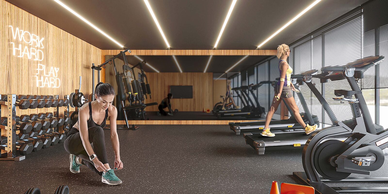 Academia equipada com esteiras e musculação