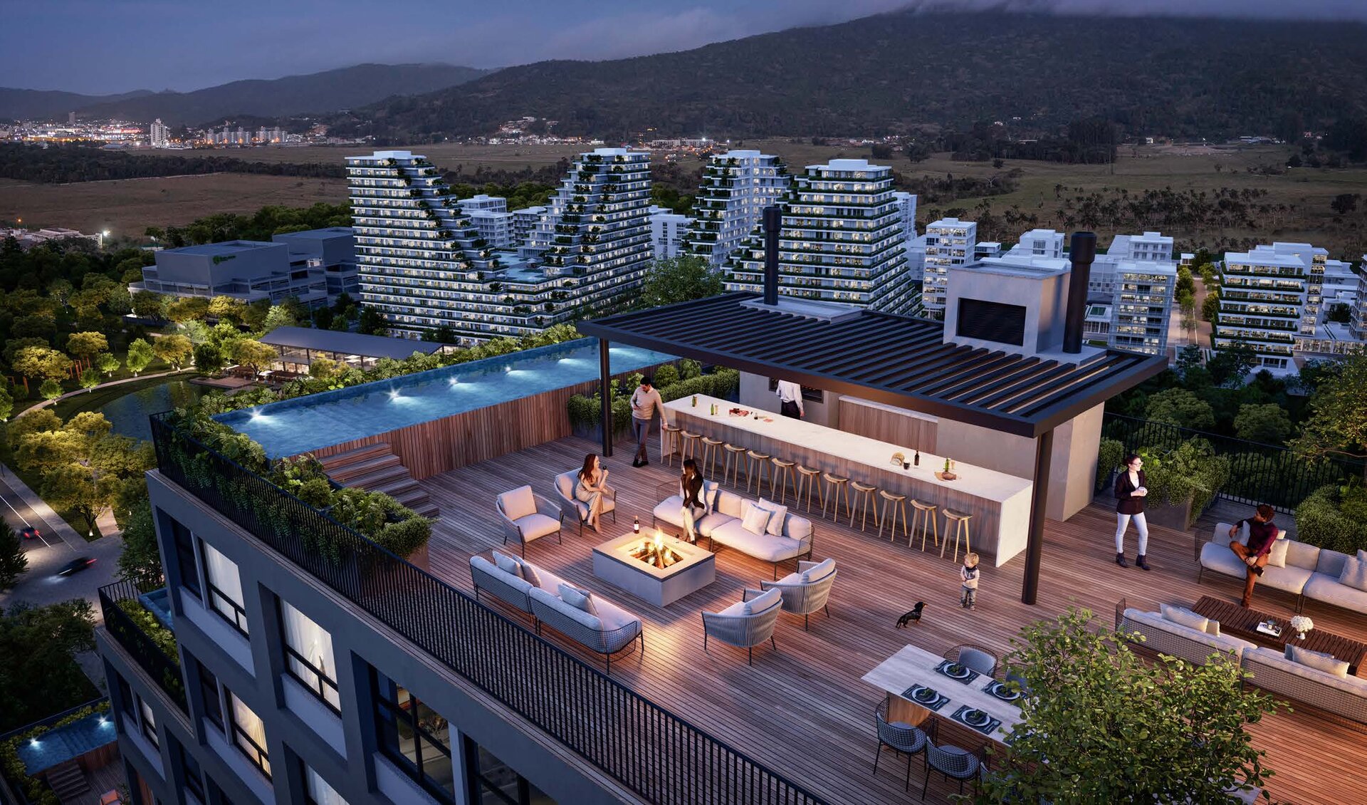 Rooftop ao entardecer com vista aérea