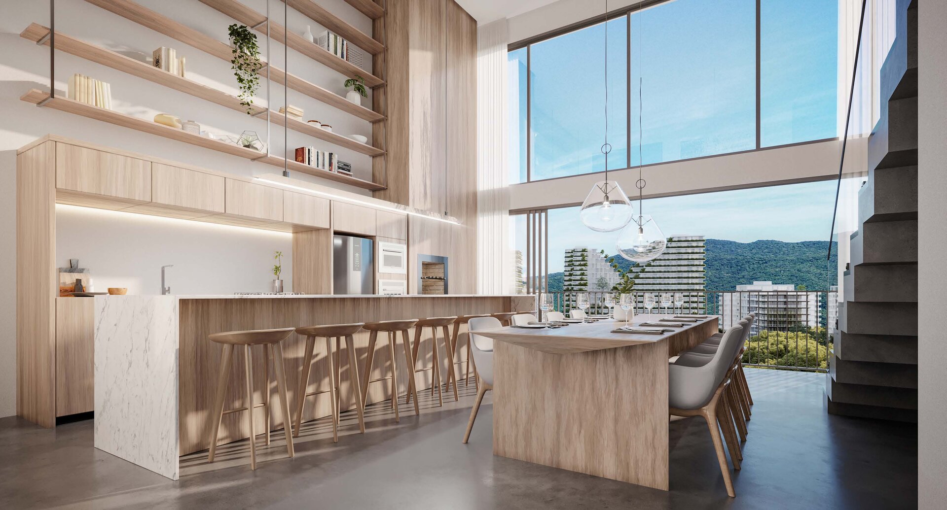 Living com cozinha integrada e iluminação natural