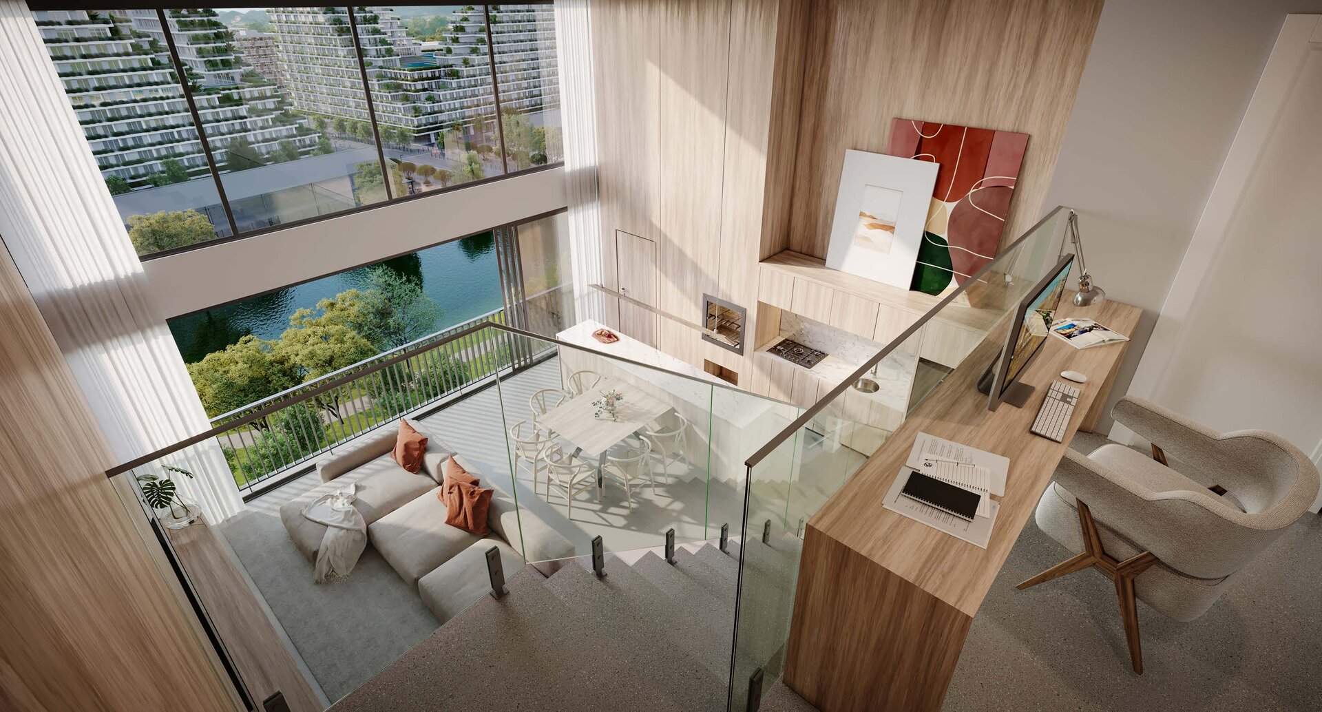 Living do apartamento em estilo loft com galeria de arte e pé-direito duplo