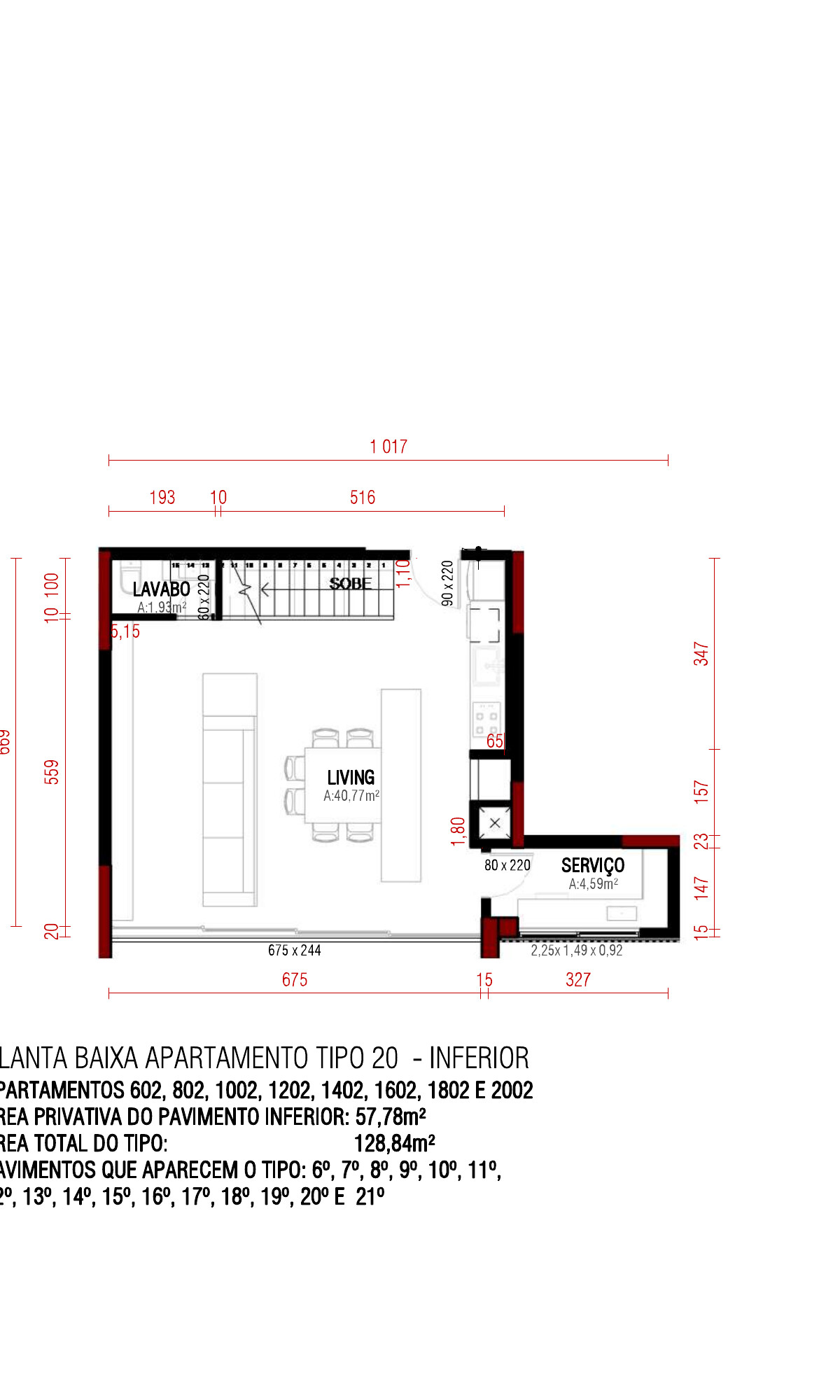 Planta do pavimento inferior da unidade 1802 — 57,78 m²