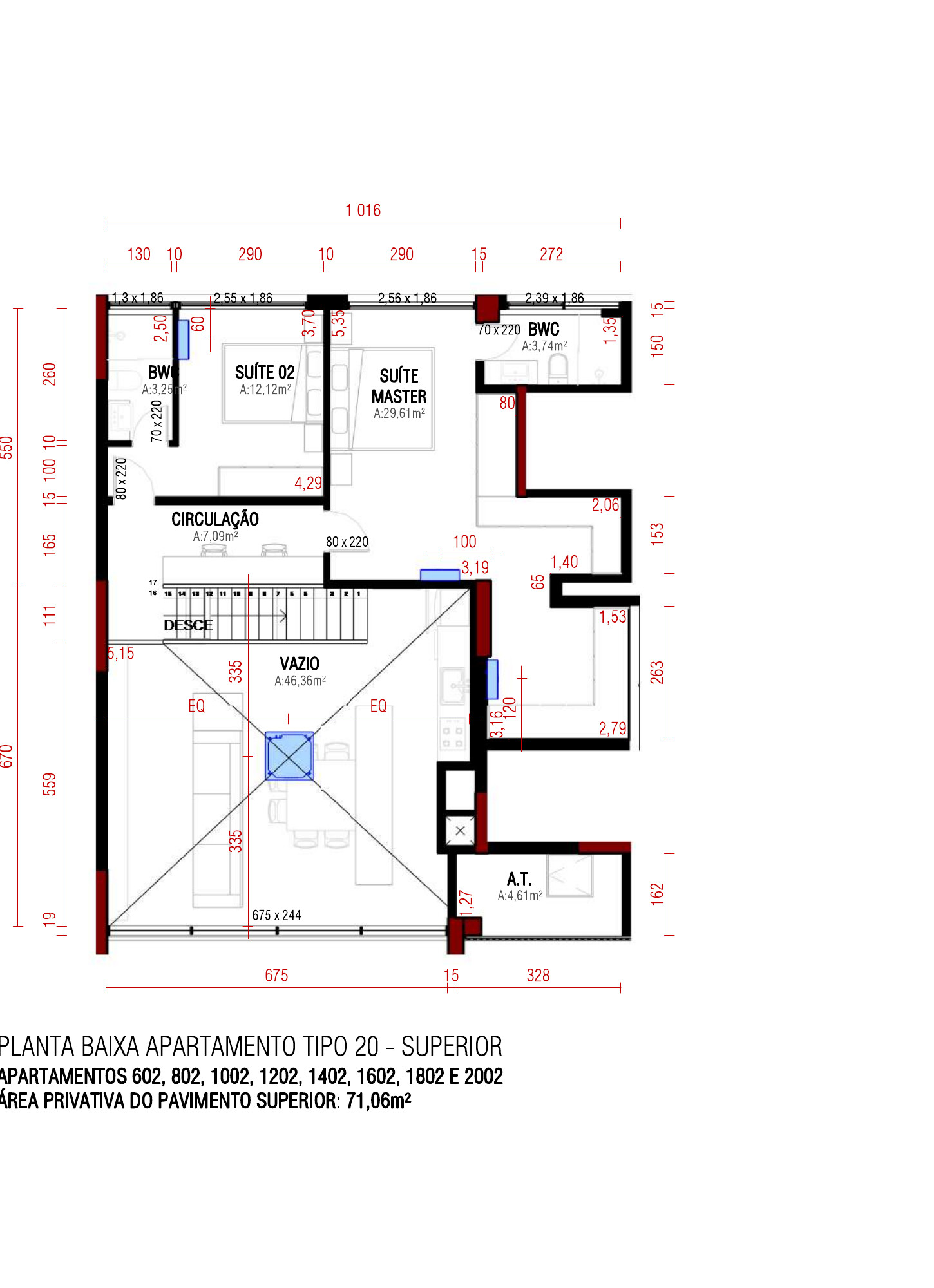 Planta do pavimento superior da unidade 1802 — 71,06 m²